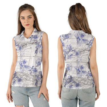 Women Polo Shirt The Key West Purple Blossoms Women's Sleeveless Polo Shirt