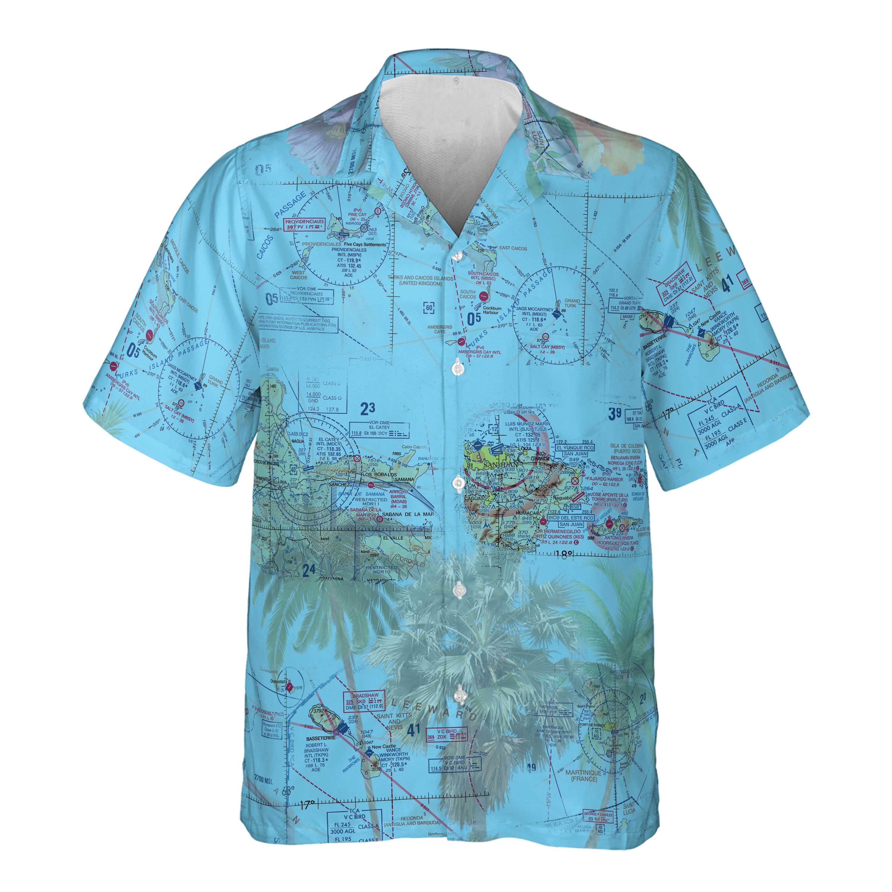 AOP Pocket Hawaiian Shirt The Caribbean and  Leeward Islands Blue Sky with Palms Pocket Shirt