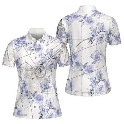 White aviation-theme women's polo shirt with purple floral pattern