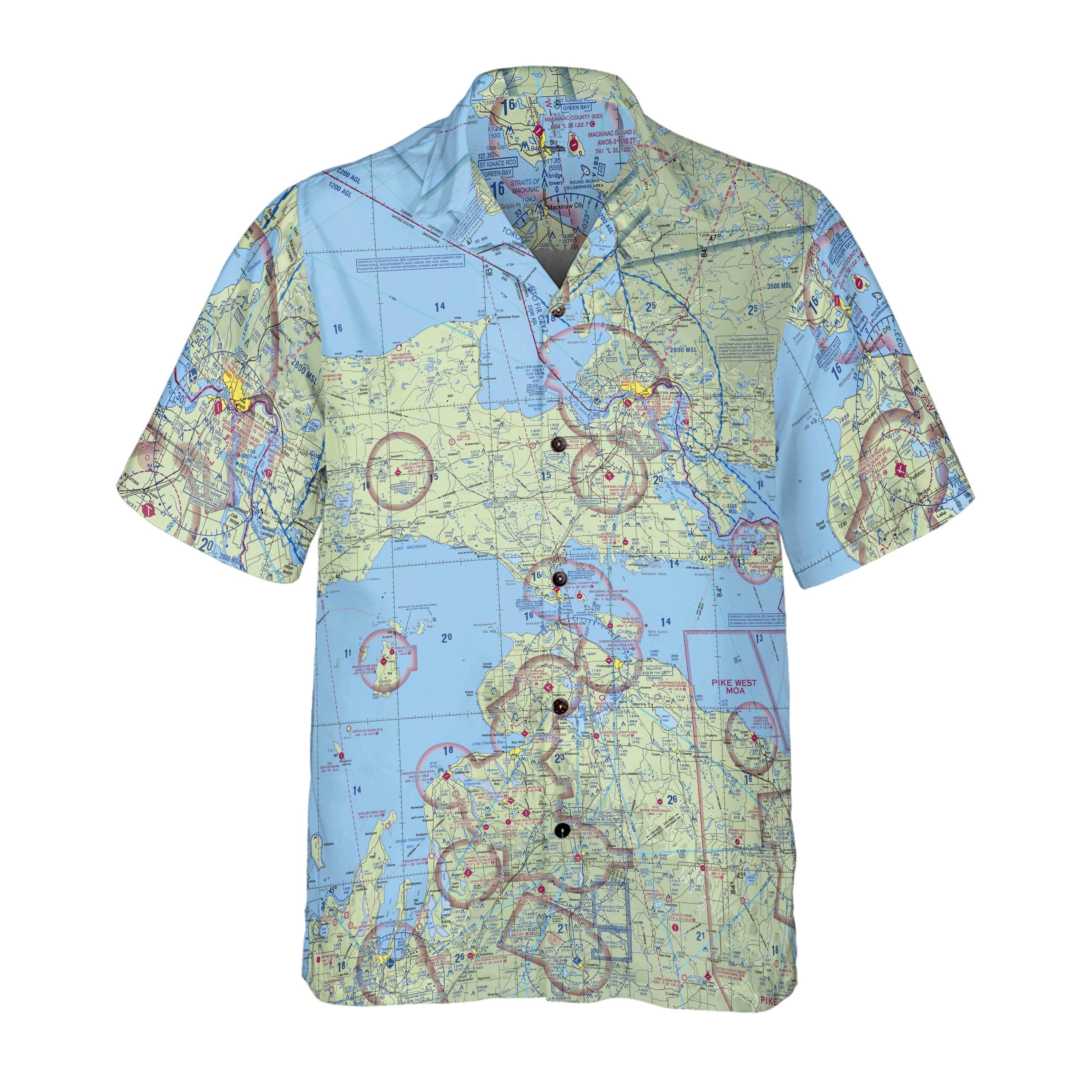 AOP Pocket Hawaiian Shirt The Straits of Mackinac VFR Flyer Coconut Button Camp Shirt